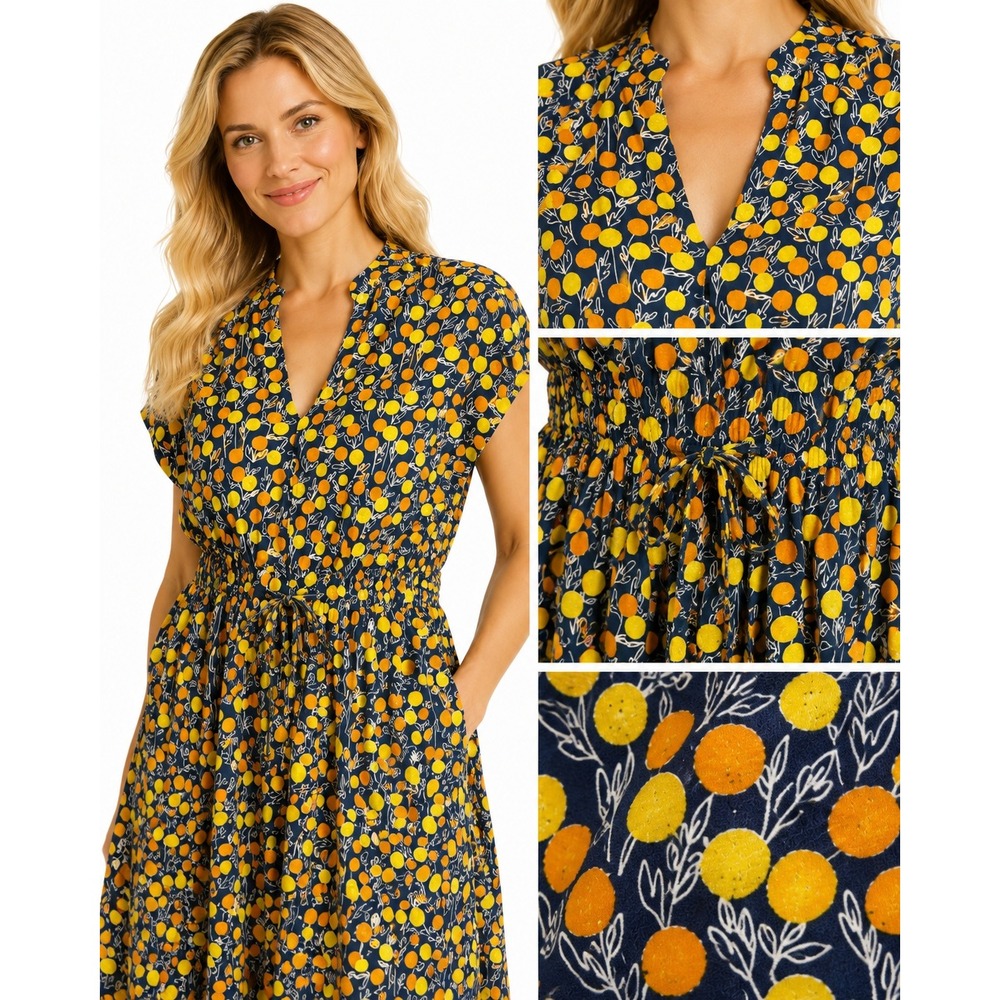 Mata Traders Dress 1X Orange Lemons Fruit V-Neck Midi A-Line Boho‎ Artisan Mod